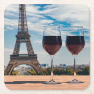 Posavasos Cuadrado De Papel Dos copas de vino con Torre Eiffel