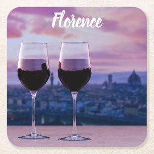 Posavasos Cuadrado De Papel Dos copas de vino tinto en el horizonte de Florenc