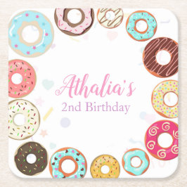 Posavasos Cuadrado De Papel Dos donuts dulces y dulces para el segundo cumplea
