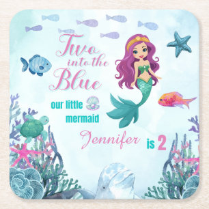 Posavasos Cuadrado De Papel Dos en el Azul Cumpleaños 2 de las niñas sirena Pu