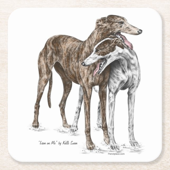 Posavasos Cuadrado De Papel Dos Greyhound Friends Dog Art (Anverso)