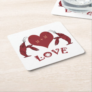 Posavasos Cuadrado De Papel Dos langostas y corazones de los cangrejos