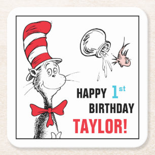 Posavasos Cuadrado De Papel Dr. Seuss Cumpleaños del gato en el sombrero