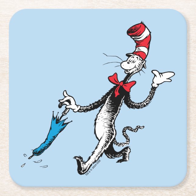 Posavasos Cuadrado De Papel Dr. Seuss | Gato en la caminata del paraguas Gorra (Anverso)