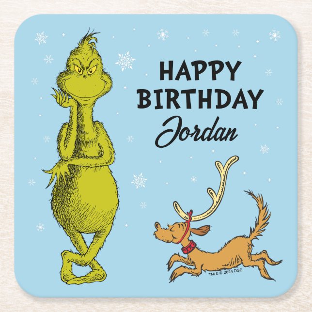 Posavasos Cuadrado De Papel Dr. Seuss | Grinch Cumpleaños de invierno (Anverso)