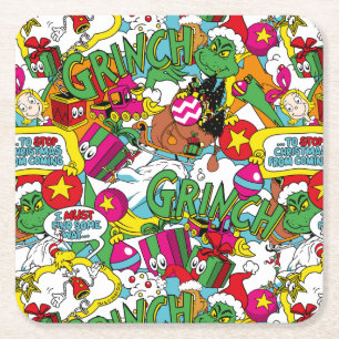 Posavasos Cuadrado De Papel Dr. Seuss Patrón Colorido de Grinch