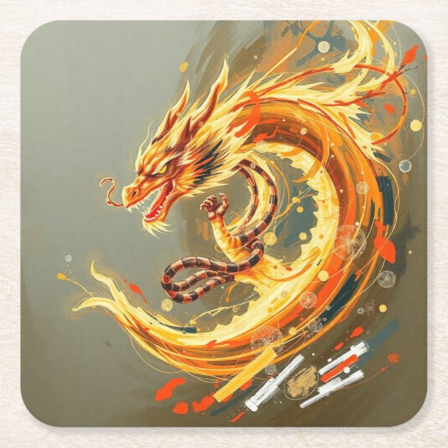 Posavasos Cuadrado De Papel Dragón Amarillo Dorado (Anverso)