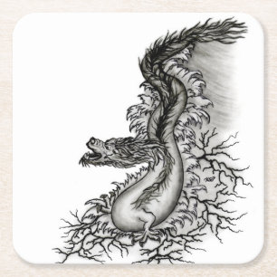 Posavasos Cuadrado De Papel Dragón chino, diseño blanco y negro en tatuostyl