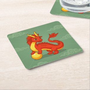 Posavasos Cuadrado De Papel Dragón Chino Rojo sobre Verde