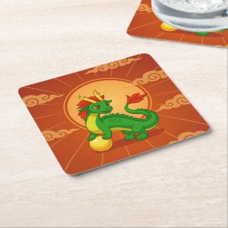 Posavasos Cuadrado De Papel Dragón Chino Verde sobre Rojo