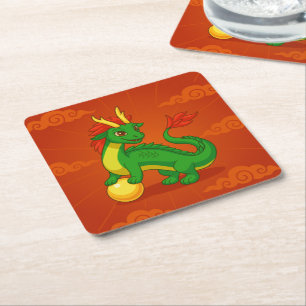 Posavasos Cuadrado De Papel Dragón Chino Verde sobre Rojo