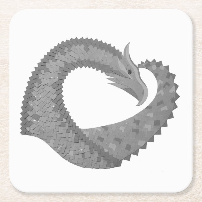 Posavasos Cuadrado De Papel Dragón de corazón gris sobre blanco (Anverso)