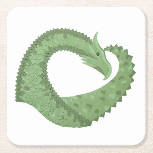 Posavasos Cuadrado De Papel Dragón de corazón verde oliva en blanco