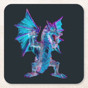 Posavasos Cuadrado De Papel Dragón de Fuego Azul Fantasía