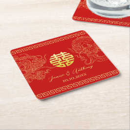Posavasos Cuadrado De Papel Dragón fénix recepción de boda china roja