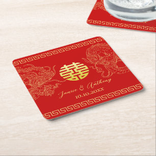 Posavasos Cuadrado De Papel Dragón fénix recepción de boda china roja