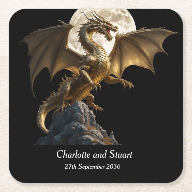 Posavasos Cuadrado De Papel Dragón Fiero Alzándose (Anverso)