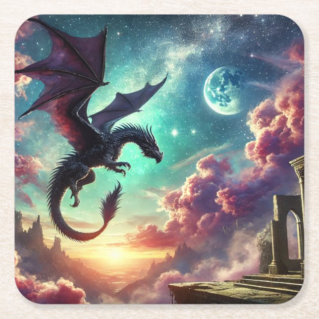 Posavasos Cuadrado De Papel Dragón negro (Anverso)