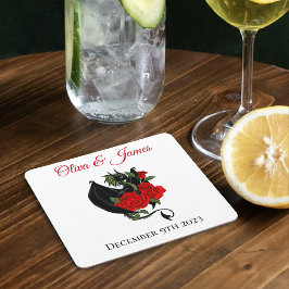 Posavasos Cuadrado De Papel Dragón negro Roses rojos Fantasía Boda