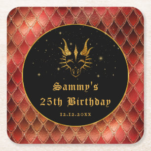 Posavasos Cuadrado De Papel Dragón Rojo Escales Gold Faux Purpurina Cumpleaños