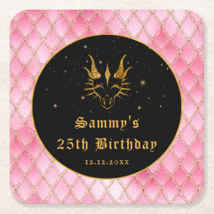 Posavasos Cuadrado De Papel Dragón Rosa Escales Purpurina Faux Gold Cumpleaños