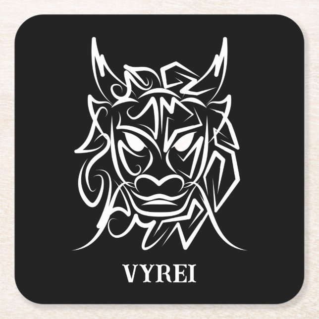 Posavasos Cuadrado De Papel Dragón tribal blanco y negro (Anverso)