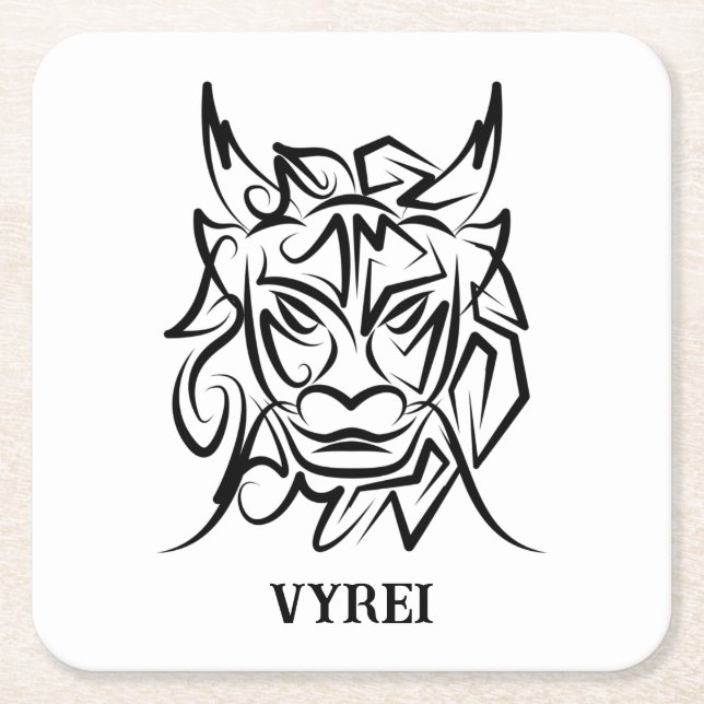 Posavasos Cuadrado De Papel Dragón tribal blanco y negro (Anverso)