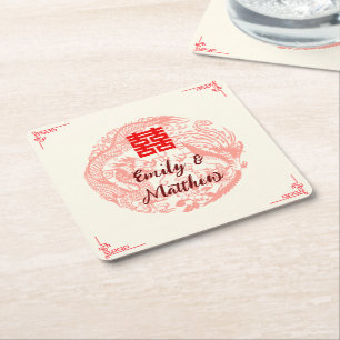Posavasos Cuadrado De Papel Dragón y boda chino beige fénix