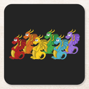 Posavasos Cuadrado De Papel Dragones de dibujos animados color arcoíris