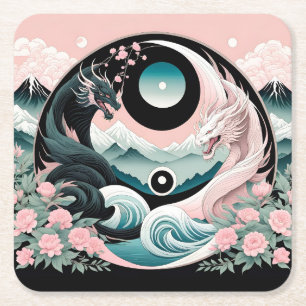 Posavasos Cuadrado De Papel Dragones Floral Montaña Rosa Salvia Verde Azulado