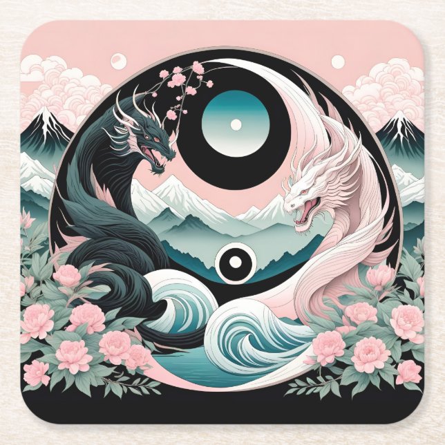 Posavasos Cuadrado De Papel Dragones Floral Montaña Rosa Salvia Verdeazulado (Anverso)