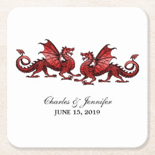 Posavasos Cuadrado De Papel Dragones Rojos Elegantes Bodas Repostadoras de Pap