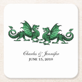 Posavasos Cuadrado De Papel Dragones verdes elegantes Bodas de papel Ataques