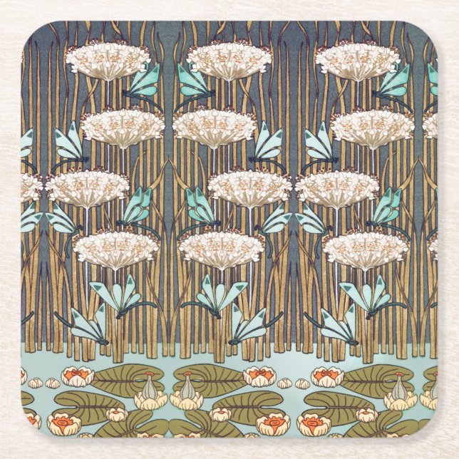 Posavasos Cuadrado De Papel Dragonflies Water Lilies Marsh Art Nouveau (Anverso)
