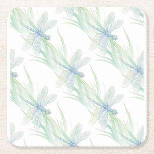 Posavasos Cuadrado De Papel Dragonfly acuarela en blues blandos y arte verde