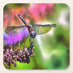 Posavasos Cuadrado De Papel Dragonfly en pintura realista verde y azul