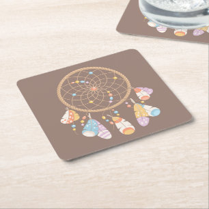 Posavasos Cuadrado De Papel Dreamcatcher del Boho Tribal en Brown