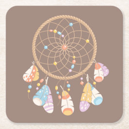 Posavasos Cuadrado De Papel Dreamcatcher del Boho Tribal en Brown