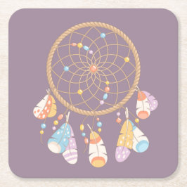Posavasos Cuadrado De Papel Dreamcatcher del Boho Tribal en Purple