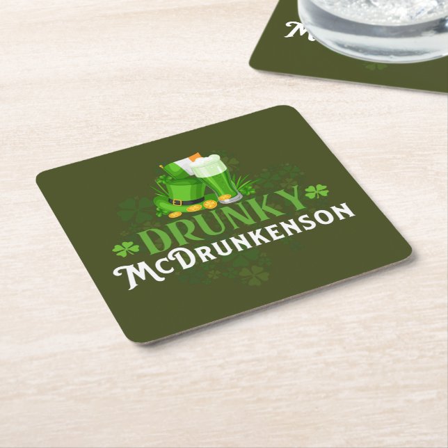 Posavasos Cuadrado De Papel Drunky McDrunkerson St. Patrick's Day (En perspectiva)