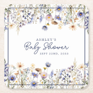 Posavasos Cuadrado De Papel Ducha de Bebé Acuarela Bohemia Flor Silvestre Azul