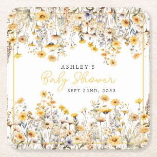 Posavasos Cuadrado De Papel Ducha de bebé acuarela boho flor silvestre amarill