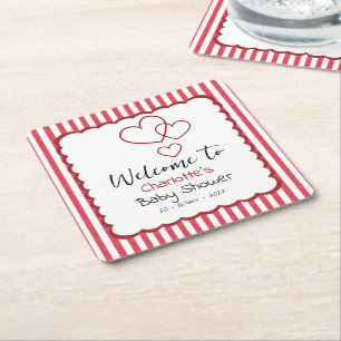 Posavasos Cuadrado De Papel Ducha de bebé de corazones triples de rayas de tiz