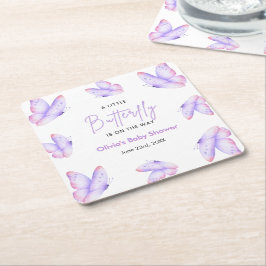 Posavasos Cuadrado De Papel Ducha de bebé de mariposa pequeña rosa y púrpura