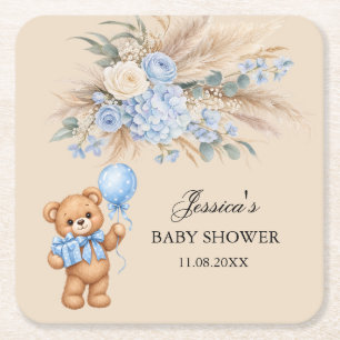 Posavasos Cuadrado De Papel Ducha de bebé de osito de Pampas azules rosas