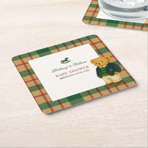 Posavasos Cuadrado De Papel Ducha de bebé de Oso Elegante de Cuadros de Navida