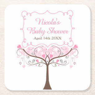 Posavasos Cuadrado De Papel Ducha de Bebé de Pájaro Floral Rosa