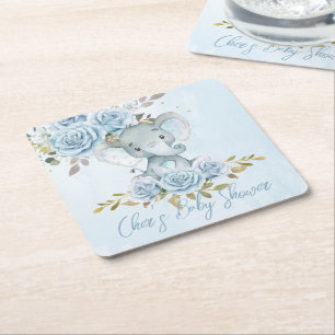 Posavasos Cuadrado De Papel Ducha de bebé elefante floral azul bebé