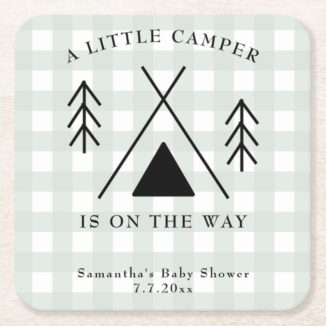 Posavasos Cuadrado De Papel Ducha de bebé en camping (Anverso)