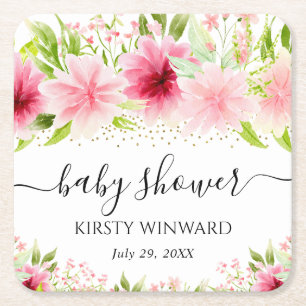 Posavasos Cuadrado De Papel Ducha de Bebé Flores de Verano Rosadas Acuarela
